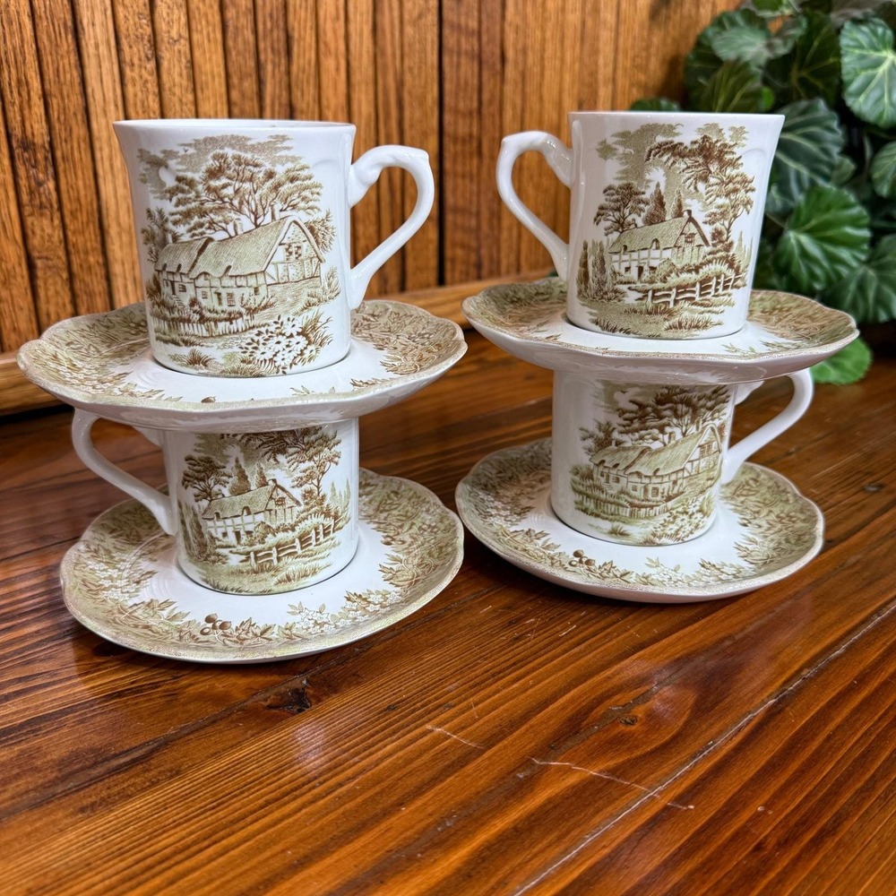 J & G Meakin Romantic England Cup Saucer Set 8pc Green Anne Hathaway Cottage EX